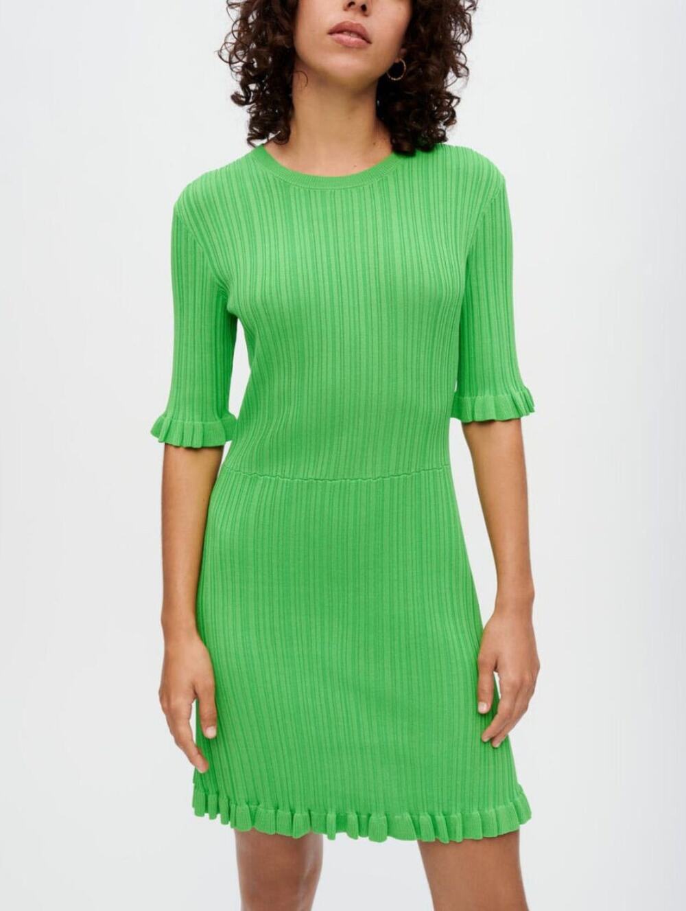 Maje Kelly Green Ruffle Knit Short Sleeve Crewneck Knee Length Dress Size M